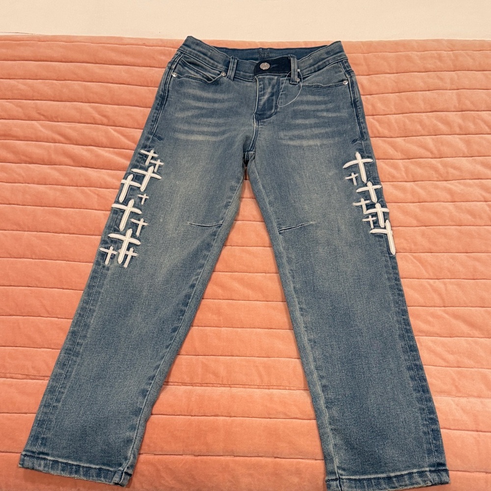 RtA Blue Straight-Leg Jeans with White Cross Embroidery